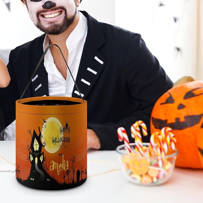 Personalized Halloween Trick or Treat Candy Bag with Name Custom Text Party Tote Bucket Halloween Candy Basket Gift (Bag-8)