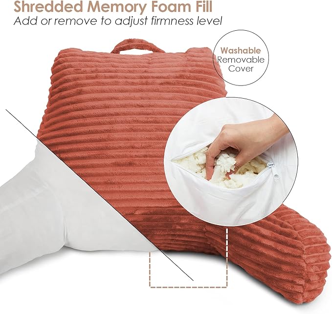 Clara Clark Reading Pillow for Bed Adult –Back Pillow for Sitting in Bed, Standard Plush Bed Pillows for Sitting Up in Bed, Shredded Foam Bed Chair Pillow with Arms and Pockets, Misty Bed Rest Pillow