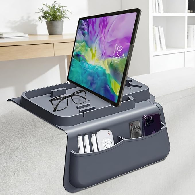 Silicone Couch Cup Holder Tray with Tablet & Phone Stand, Anti-Slip Sofa Arm Organizer with Dual Side Pockets for Remotes, Snacks, Headphones, Glasses, Drinks (Gray)