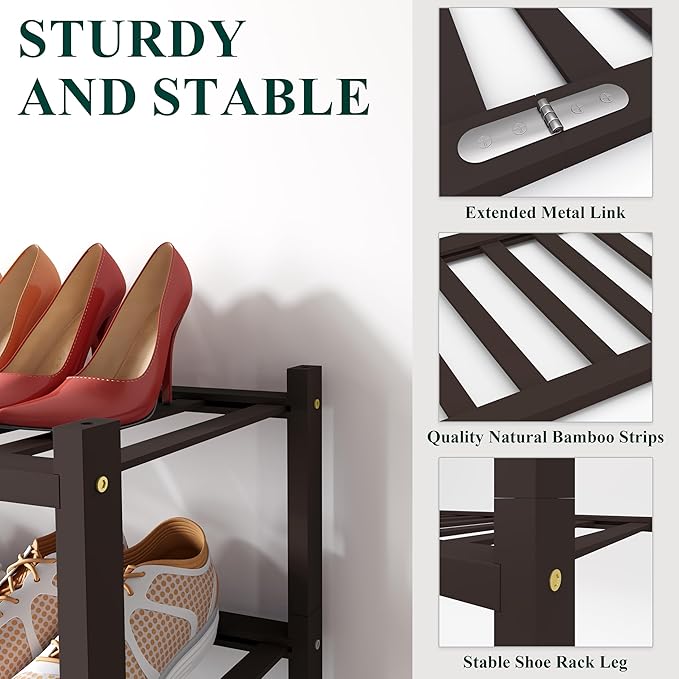Smiry Shoe Rack, 5 Tier Bamboo Shoe Organizer, Stackable Free Standing Wooden Shoe Storage Shelf for Closet, Entryway, Front Door Entrance, Brown