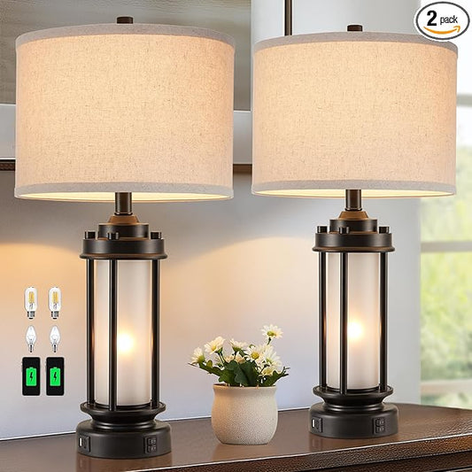 AIEAMPDO Set of 2 Modern Table Lamps for Living Room Bedroom, 25'' Black Retro Industrial Metal Lamp with Glass Nightlight, Contemporary Desk Lamp for Bedside End Table Office, 4 Bulbs Included