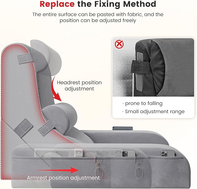 Homkdom Reading Pillow for Sitting in Bed Adult, 20" Back Pillow for Bed Sitting up with Armrests & Storage Pockets, Ergonomic Wedge Pillow for Watching TV, Gaming, Working, Recovery, 5PCS, Light Grey