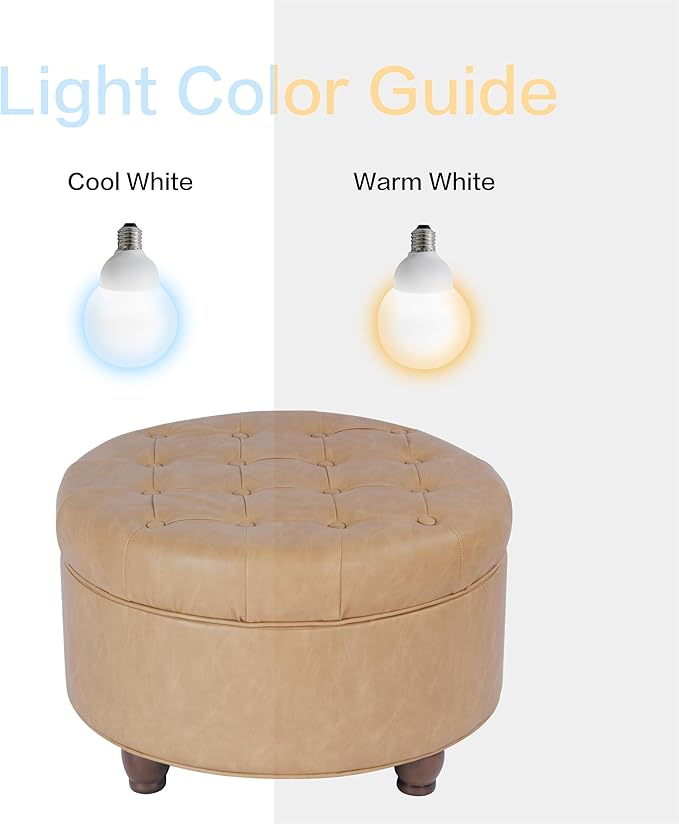 Homepop Home Decor | Button Tufted Faux Leather Round Storage Ottoman | Ottoman with Storage for Living Room & Bedroom (Sand Faux Leather)