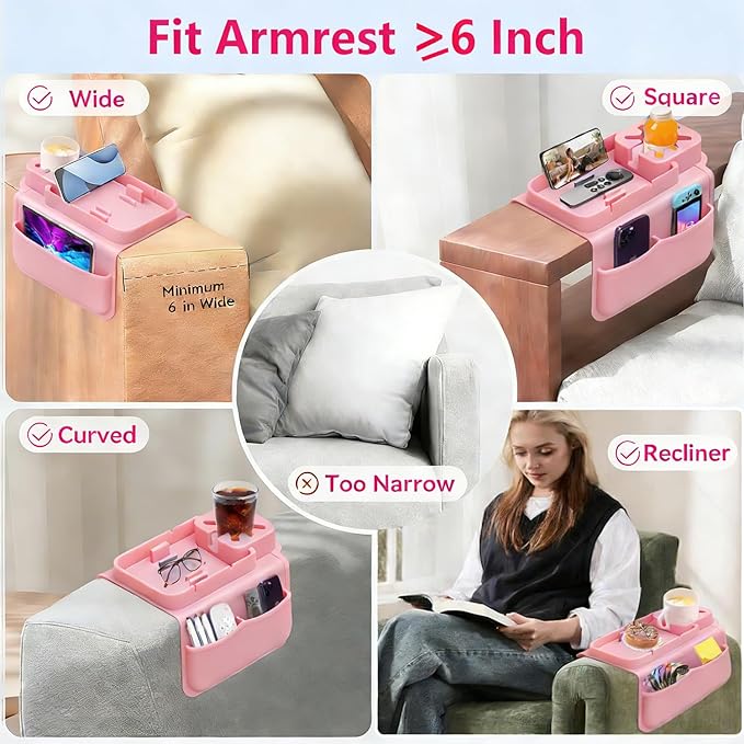 Silicone Couch Cup Holder Tray with Tablet & Phone Stand, Anti-Slip Sofa Arm Organizer with Dual Side Pockets for Remotes, Snacks, Headphones, Glasses, Drinks (Pink)