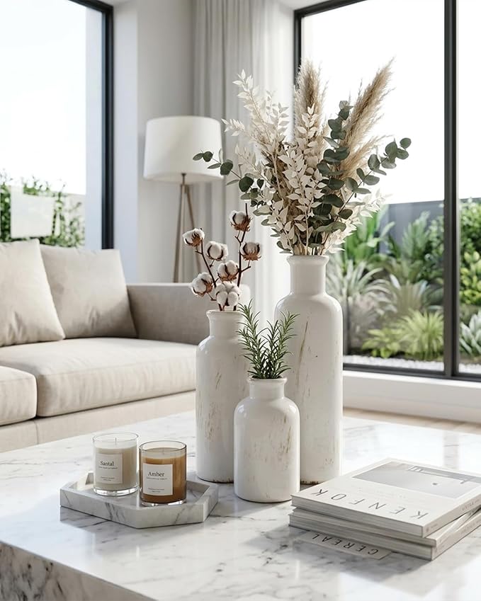 White Ceramic 3 Piece Vase Set, Vintage Farmhouse Decorative Home Decor Vases for Living Room & Kitchen, Distressed Crackle Glaze Flower Vases for Table Bookshelf Mantel & Office