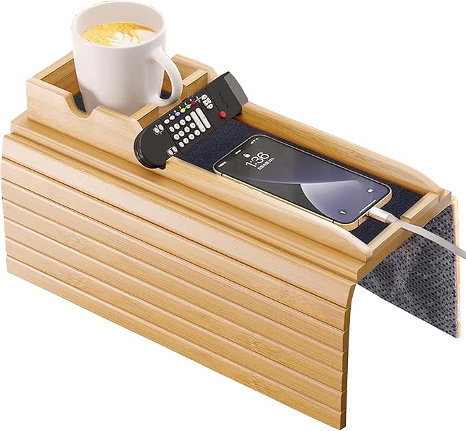 Bamboo Sofa Arm Tray Table with Detachable Couch Cup Holder - Fit for 4.5 Inches Wide Arms, Foldable Nonslip Sofa Armrest Tray for Drink, Snacks & Cell-Phone, TV-Remote – Space-Saving 17.7"x12.8"