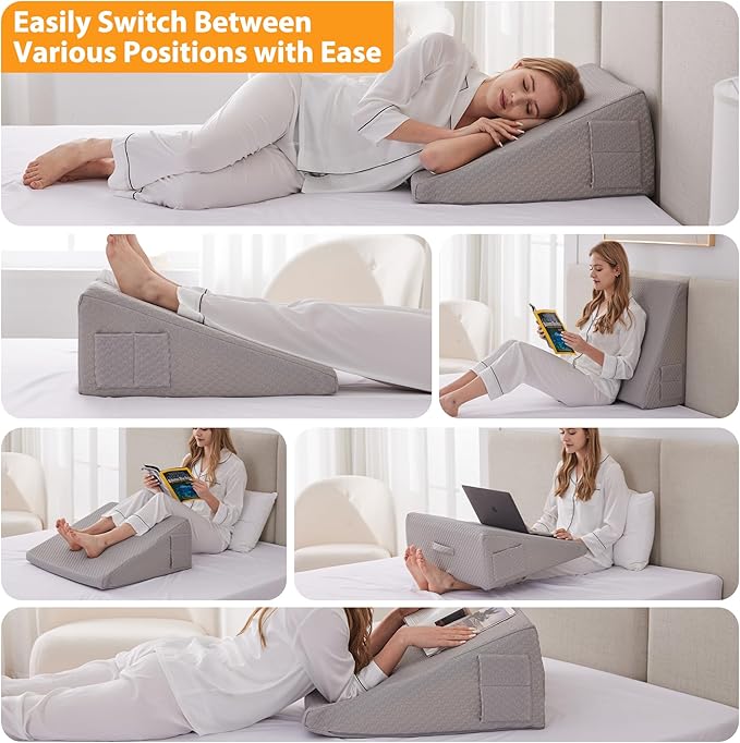 Ruqmuis Wedge Pillow for Sleeping, 12" Bed Wedges Pillow for Headboard, Triangle Incline Wedge for Acid Reflux, Pillows Wedge for Back Pain Relief, Elevated Leg Pillow After Surgery, Snoring, Grey