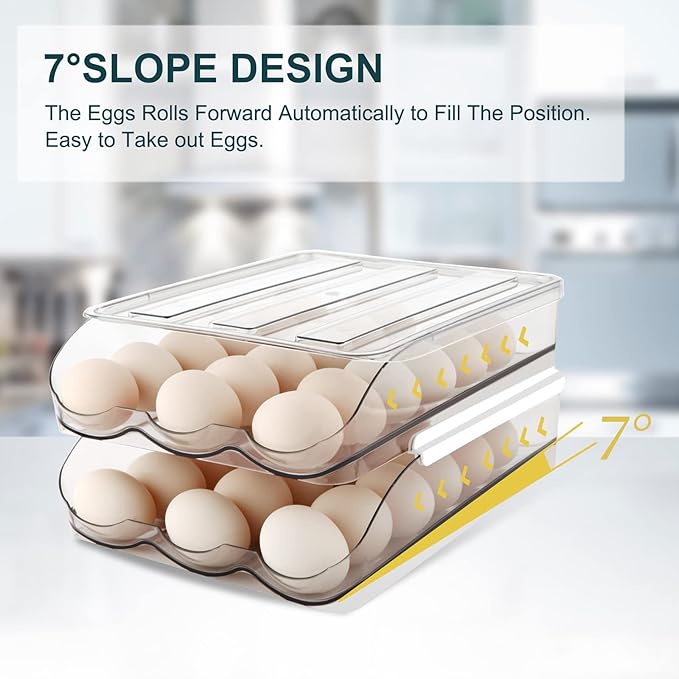 MesRosa Egg Holder for Fridge, Automatically Rolling Egg Storage Container for Refrigerator,Large Capacity Egg Organizer for Fridge with Lid,Clear Plastic Dispenser, Tray & Bin -1 Layer
