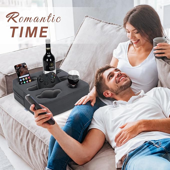 Couch Cup Holder Pillow - Sofa Cup Holder | Couch Caddy, Couch Drinks Remotes Holder for Cups, Headphones, Snacks， and Phones | Use it on Car, Pack, Beach, RV, and More(Grey)