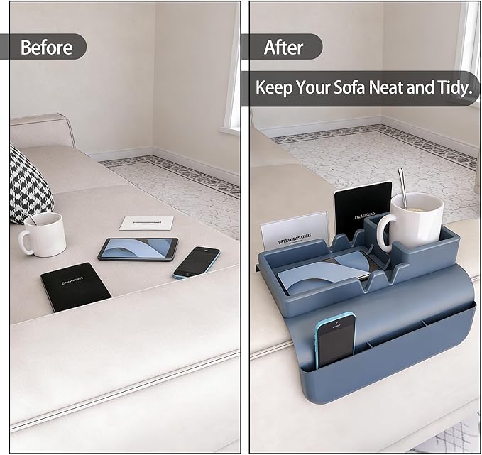 Couch Arm Cup Holder - Silicone Sofa Armrest Tray with 5 Side Pockets, Anti-Slip Armrest Recliner Armchair Caddy, Sofa Table Organizer for Drinks Tablet Remote Snacks Cellphone Cup (Blue)