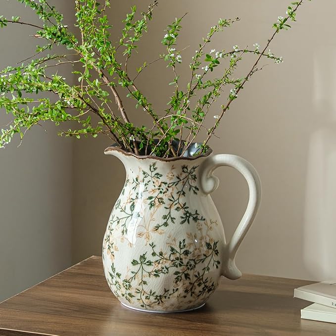 for Mom from Daughter or Son, Green Vintage Chinoiserie Ceramic Pitcher Vase with Handle 7.9”, Rustic Farmhouse Floral Decor for Living Room, Bookshelf, Office Decor