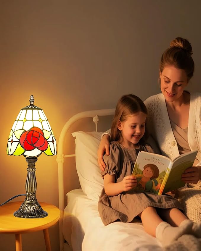Small Tiffany Style Table Lamp, 6" Antique Stained Glass Lamp, Desk Bedside Table Night Lamp for Bedroom, Living Room, Office, Handcrafted Light with LED Bulb (Red Rose)