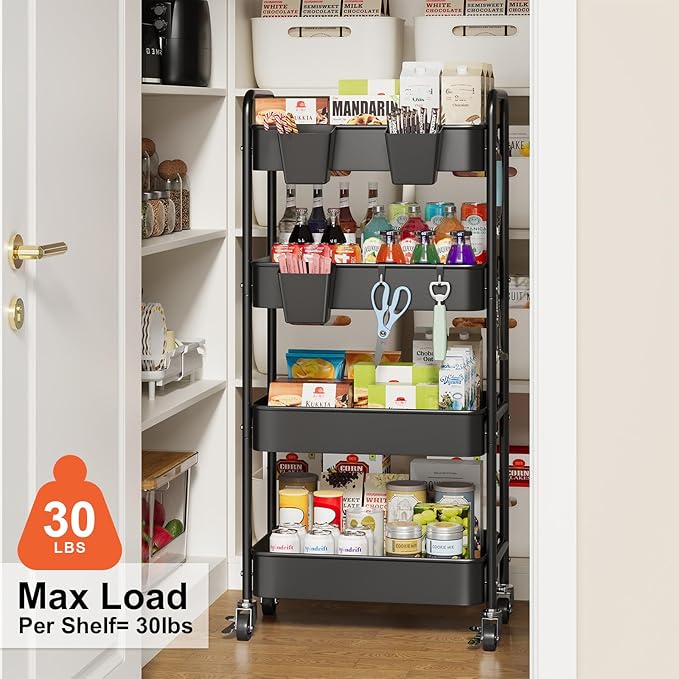 2 Tier Small Rolling Metal Cart with Wheels, Black Under Desk Storage Cart on Wheels, Short Utility Roller Carts Organizer for Pantry, Bathroom,Kitchen,Office, Two Tiered Mobile Storage Shelf Trolley