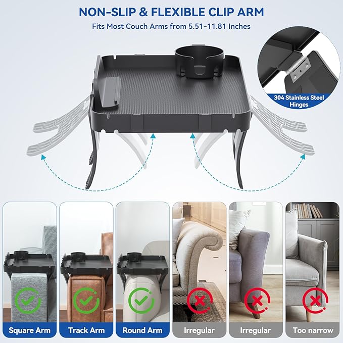 Couch Armrest Table Couch Arm Tray Cup Holder Plastic Armchair Caddy Recliner Arm Caddy Large Sofa Armrest Organizer Adjustable Clip on Snack Tray Drink Holder Removable Phone Pad Holder 16.38x11.02''