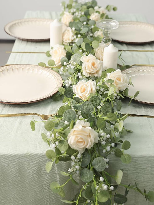 Anna's Whimsy 5.91FT Artificial Eucalyptus Greenery with Flowers, Fake Rose Gypsophila for Wedding Spring Home Party Decor