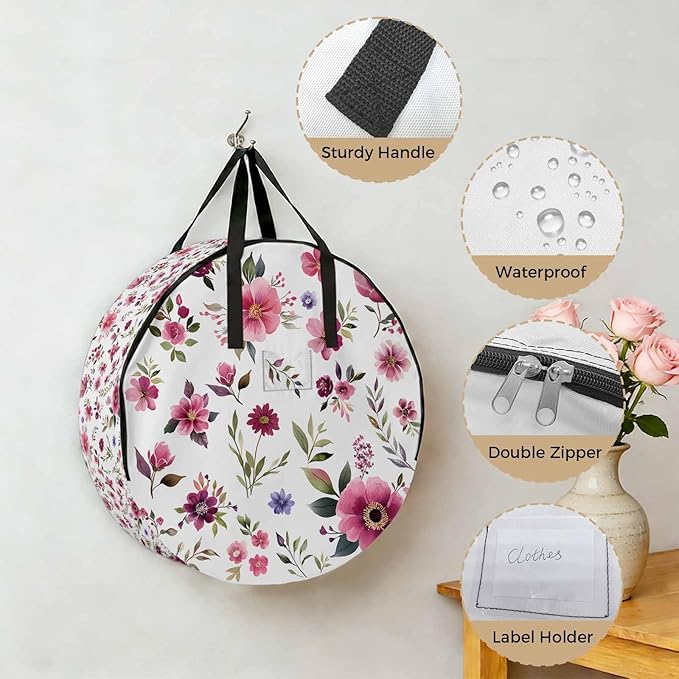 Spring Flowers Round Storage Bag 36 Inch, Pink Wildflowers Leaf Watercolor Floral Plants Clothes Storage Container with Handles Heavy Duty Organizer for Comforter, Bedding & Holiday Wreaths