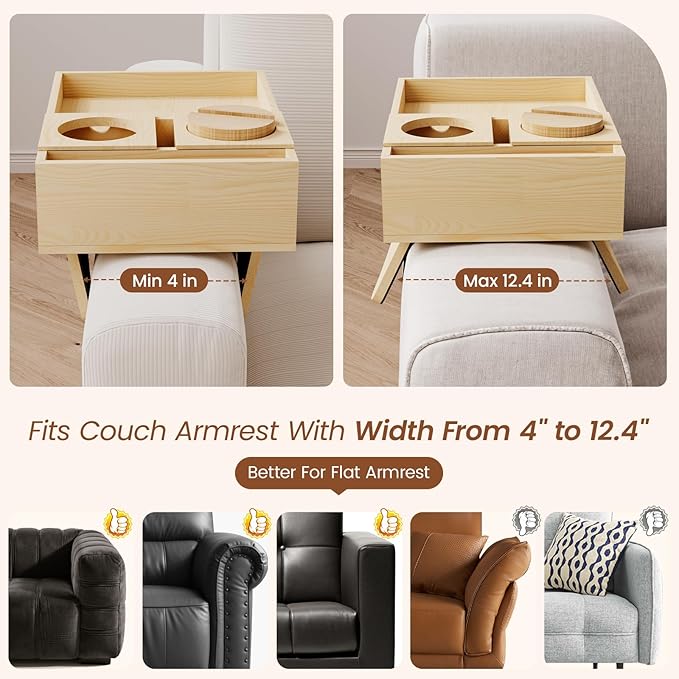 Sofa Arm Tray Table - Adjustable Couch Armrest Table with Cup Holders, 360° Rotating Tablet Holder, Anti-Slip Base & Storage Drawer - Fits 4" to 12.4" Armrests, Waterproof Pine Wood