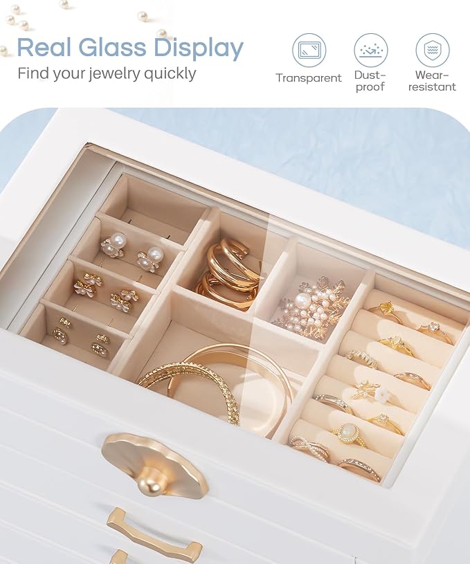 Enthralite Jewelry Box with 4 Drawers: Display Organizer for Earrings Necklaces - Gifts for Girls Women (White)