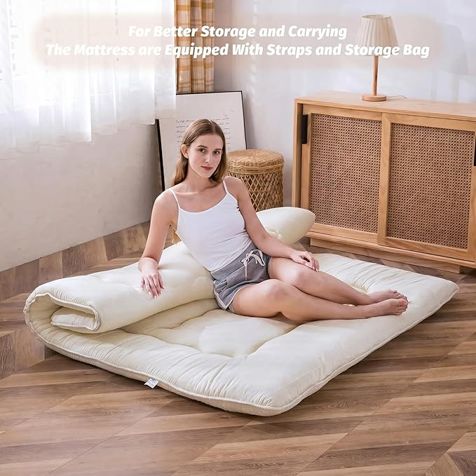 MAXYOYO Japanese Floor Futon Queen Size, Thicken Tatami Mat Sleeping Pad Foldable Roll Up Mattress Trifold Pad Guest Mat, Off White