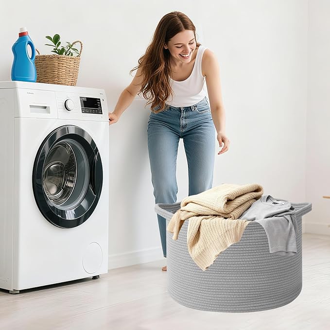 65L Large Blanket Basket,Cotton Rope Woven Storage Basket with Handles, Laundry Hamper for Toys, Clothes, Pillows & Towels, Perfect for Living Room, Nursery & Bedroom,Light Gry