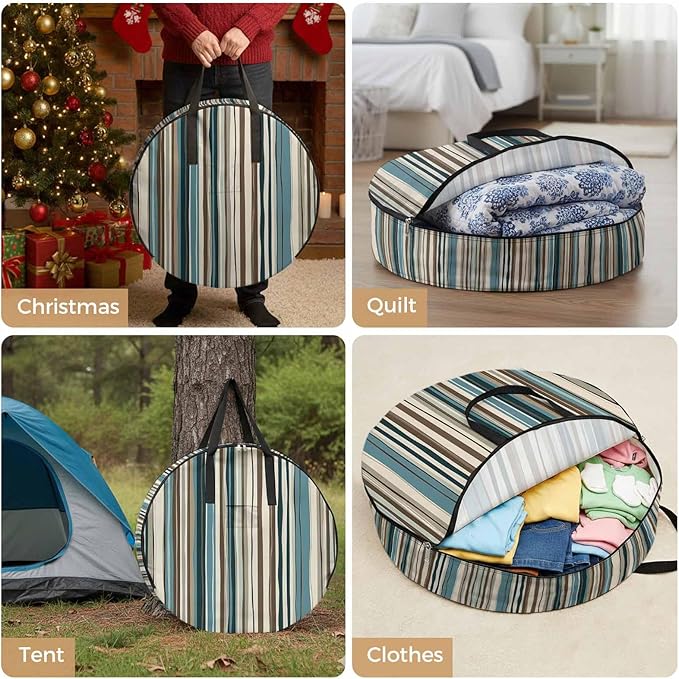 Boho Vertical Stripe Round Storage Bag 36 Inch, Green Beige Simple Lines Clothes Storage Container with Handles Heavy Duty Organizer for Comforter, Bedding & Holiday Wreaths