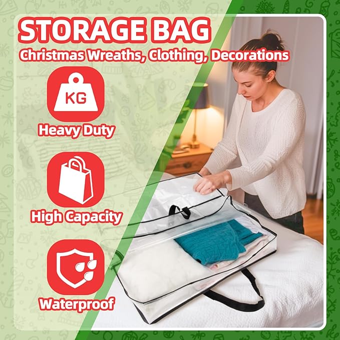 RAINFLOW Christmas Wreath Storage Container - Clear Moving Bags Heavy Duty With Zipper for Wreaths Clothes Gift Pillow Toy Plastic Storage Bag Supplies College Dorm Under Bed Storage(24 inch)