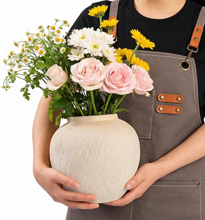 Large Carved Rustic Farmhouse Vase Home Decor - 8.8 in Ceramic Boho Decorative Vase for Decor, Round Clay Beige Terracotta Bowl vase for Living Room, Table, Shelf, Centerpieces
