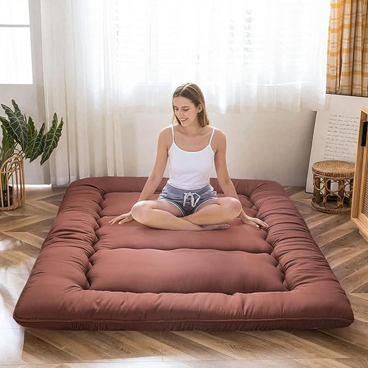 MAXYOYO Japanese Floor Mattress Futon Mattress, Thicken Tatami Mat Sleeping Pad Foldable Roll Up Mattress Boys Girls Dormitory Mattress Pad Kids Floor Lounger Couches and Sofas, Coffee, Twin Size