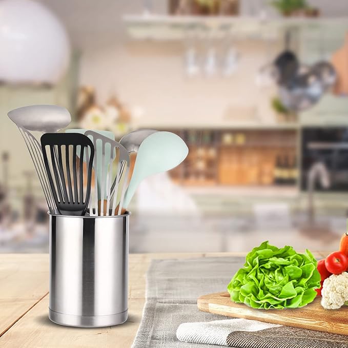KSENDALO Stainless Steel Utensil Holder for Counter(2Pack), Brushed Silver Drying Metal Utensil Crock Canister for Cooking Utensils on Countertop, with Heavy Base, Dishwasher Safe, Silver