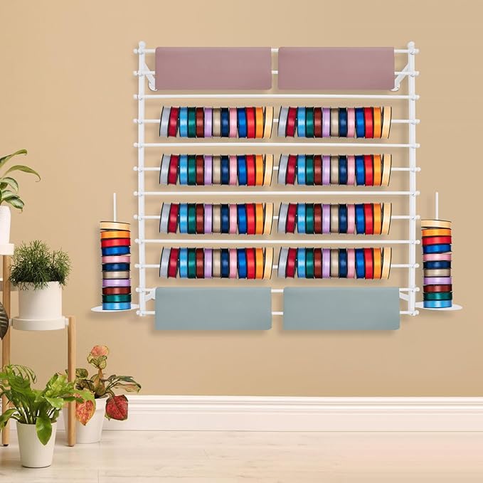 12-Layer Ribbon Holder Organizer Rack Wall Mounted Wrapping Paper Storage Rack Ribbon Dispenser Holder Wrapping Station Display Racks for Craft Room Florist Cake Shop(White)