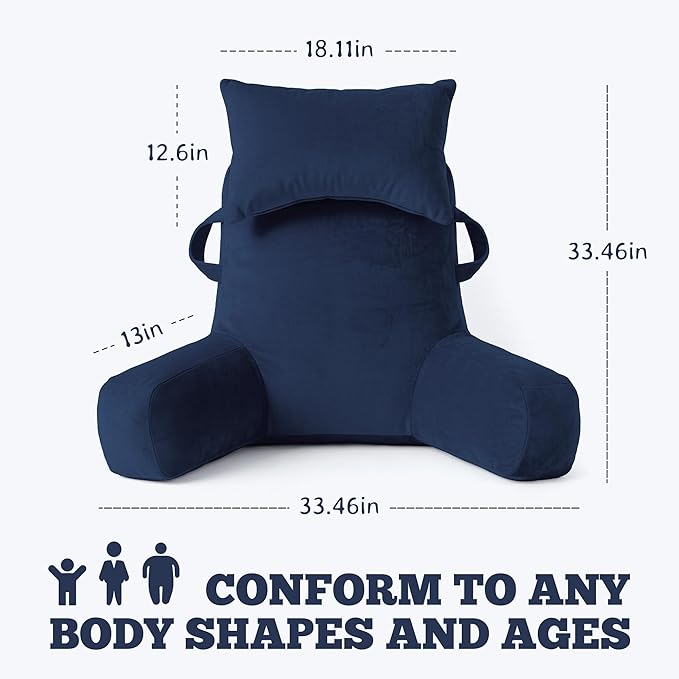 Unisakey Portable Reading Pillows with Headrest for Bed Sitting Up(Royal Blue Oeko-Tex), Velvet Back Pillow with Arms & Pockets for Adults, Support Memory Foam Bed Pillow for Dorm/Watching/Gaming