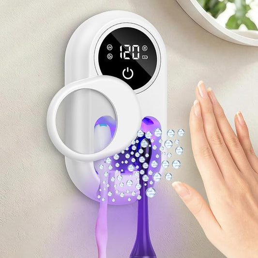 Toothbrush Sanitizer Holder, Upgraded UV Toothbrush Holder with Dual-Mode Clean & Fan Dry, LED Smart Screen, Auto-Inductive Cover, Toothbrush Wall Mounted Cleaner Organizer for Bathroom, Trip