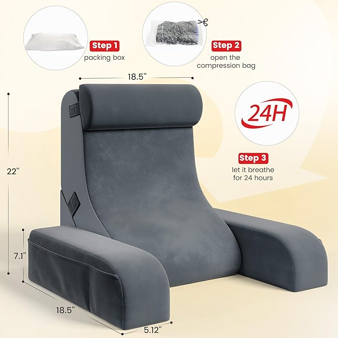 Homkdom Reading Pillow for Sitting in Bed Adult, 22" Back Pillow for Bed Sitting up with Armrests & Storage Pockets, Ergonomic Wedge Pillow for Watching TV, Gaming, Working, Recovery, 5PCS, Grey