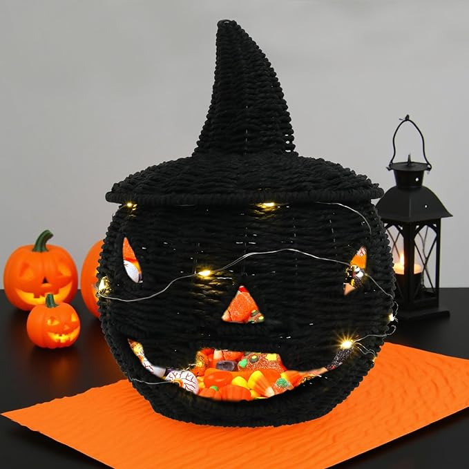Halloween Candy Basket Handwoven Pumpkin Decors User Friendly Iron Frame Sturdy Storage for Homes Party School