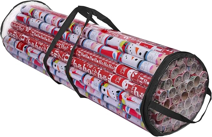 ProPik Christmas Gift Wrapping Paper Storage Organizer Bag, Store Up to 24 Rolls 40 Inch, Heavy Duty PVC Clear Bag with Handles and Zippered Top Wrap and Ribbons (Black)