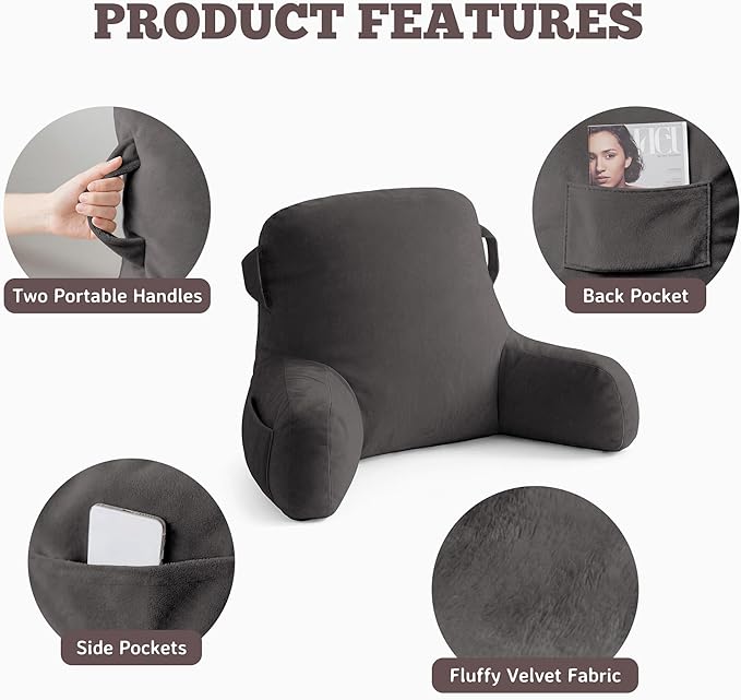 Unisakey Portable Comfy Reading Pillows for Bed Sitting Up(Light Grey Oeko-Tex), Velvet Back Pillow with Arms & Pockets for Adults, Support Memory Foam Bed Pillow for Dorm/Reading/Watching/Gaming