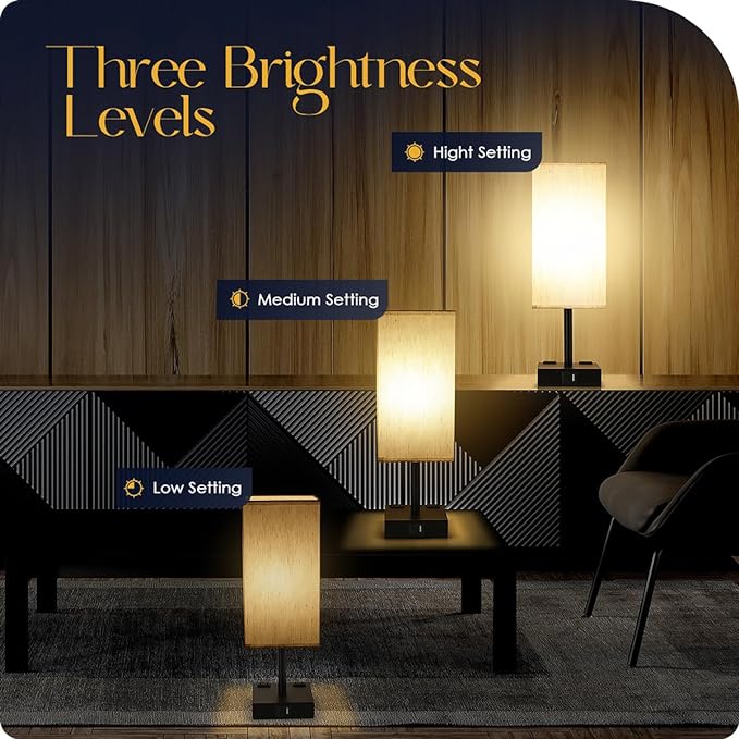 Soilsiu Bedside Table Lamps Set of 2 - Touch Nightstand Lamp for Bedroom with USB C+A Charging Ports & AC Outlets, 3-Way Dimmable Desk Lamp Flaxen Fabric Shade for Living Room Office(Bulb Included)