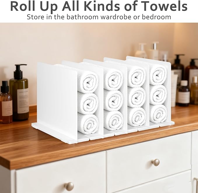 Towel Organizer for Closet, White Interlocking Towels Rack Storage, Space Saving Bathroom & Cabinet Under Sink Closet Towel Organizer, Beach & Bath Towel Holder (Partition 5)