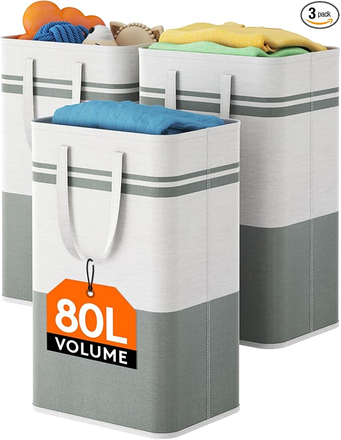 Lifewit 3 Pack 80L Large Freestanding Laundry Hamper, Collapsible Laundry Basket with Easy Carry Handles, Waterproof Tall Clothes Hamper for Laundry Dorm Bedroom Bathroom, Grey-White