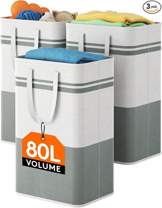 Lifewit 3 Pack 80L Large Freestanding Laundry Hamper, Collapsible Laundry Basket with Easy Carry Handles, Waterproof Tall Clothes Hamper for Laundry Dorm Bedroom Bathroom, Grey-White