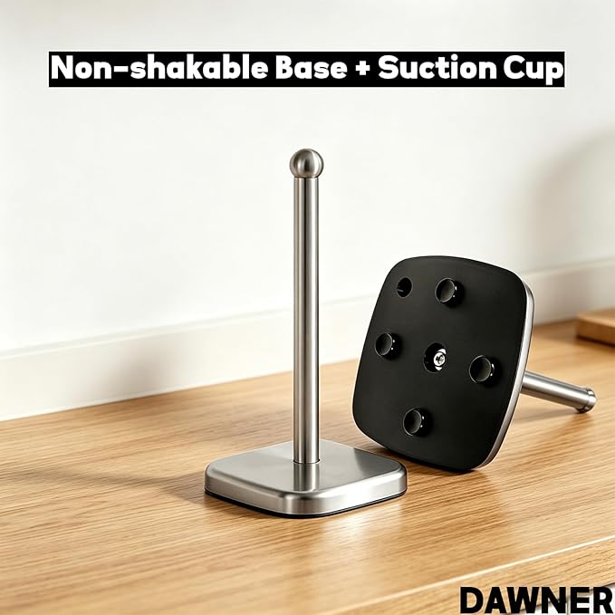 DAWNER Secure Grip Paper Towel Holder Countertop, Easy to Tear with One-Hand, Stainless Steel Paper Towel Stand, Dual-Weighted Suction Base for Kitchen & Bathroom‌