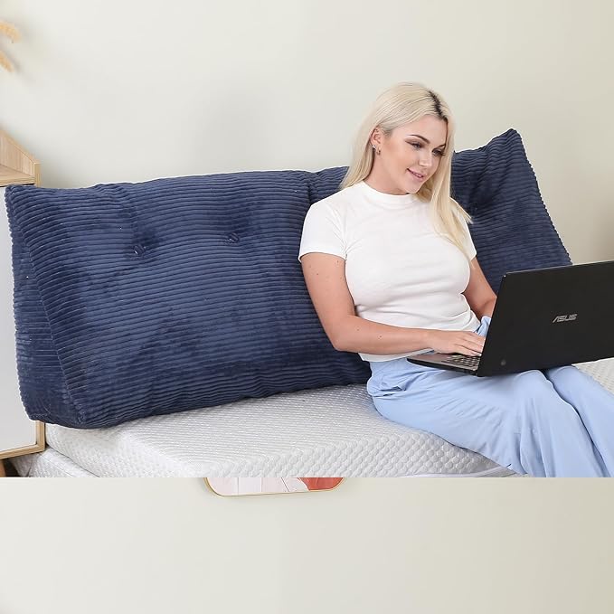 Headboard Pillow Twin, Wedge Headboard Pillow for Bed Sofa, Triangular Backrest Pillow with Removable Cover for Reading, Working, Sitting, Dark Blue