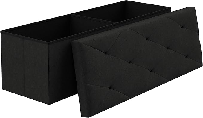 VECELO 43'' Folding Storage Ottoman Bench, Storage Chest, Linen Fabric Foot Rest Stool, 158L Storage Footstools for Bedroom and Living Room, Holds up to 660 lbs, DBlack