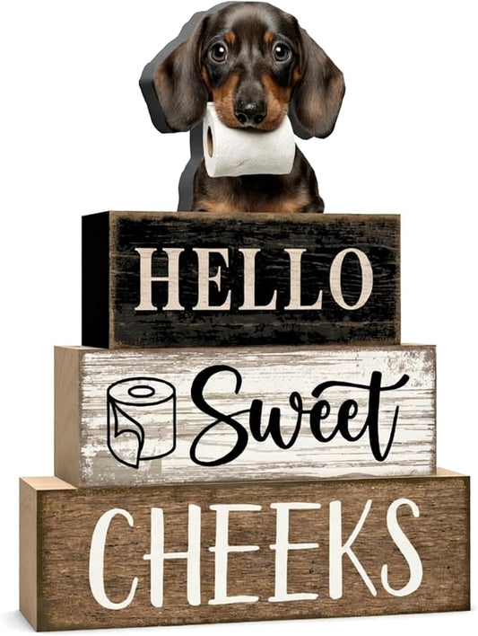 Moucuny 4 Pcs Dachshund Bathroom Decor Set Funny Toilet Wooden Tiered Tray Decor Farmhouse Dachshund Centerpiece Rustic Bathroom Shelf Decoration Hello Sweet Cheeks Decoration for Home Office