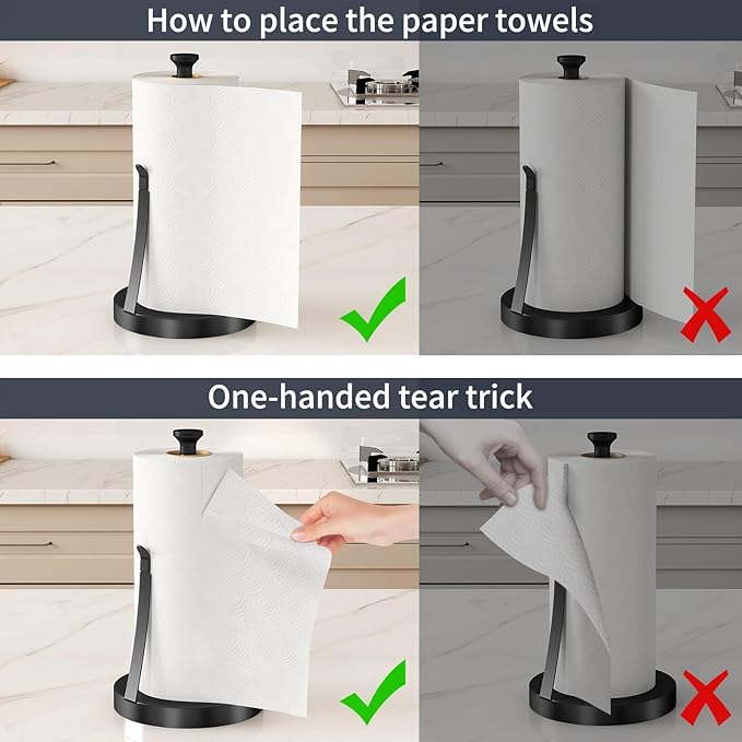 Jesginboo Countertop Paper Towel Holder for Kitchen, Stainless Steel Tension Arm for One-Handed Tear, Stainless Steel Paper Towel Holder Stand for Kitchen Bathroom, Black