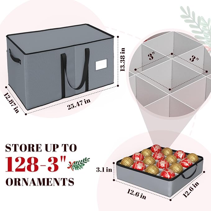 Keten Christmas Ornament Storage Boxes with 8 Individual Trays, Fits 128 Holiday Ornaments 3-Inch, Christmas Ball Accessories Container with 48 Dividers, Dual Zippered Closure, 600D Oxford (Grey)