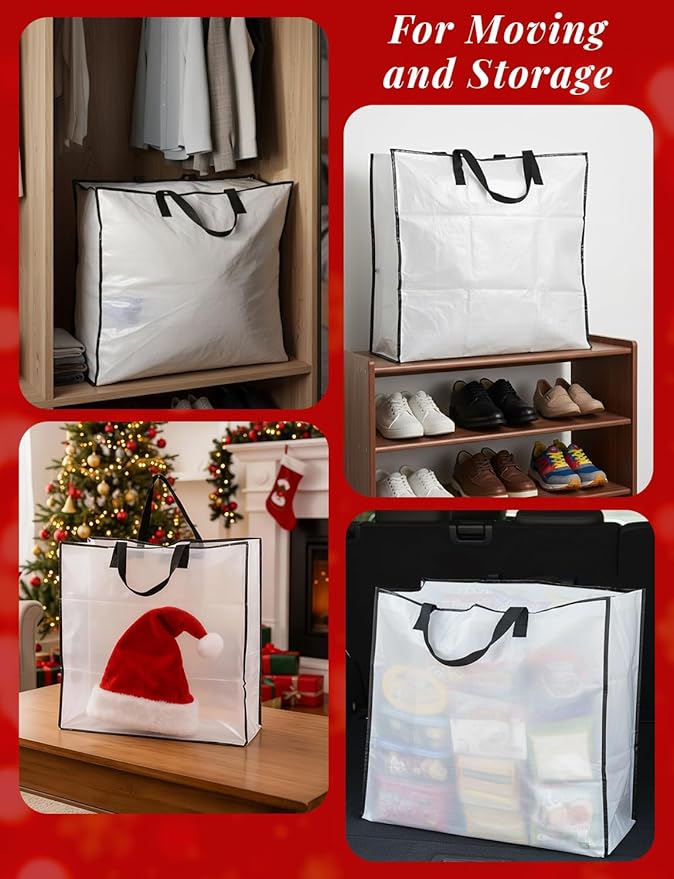 HFKPJRT 3 Pack Wreath Storage Bag, 26" 90 L Garland Container, Wreath Bags for Halloween Christmas Decorations, Large Clear Moving Bags with Handle, Under The Bed Storage for Bedding, Clothing, Toys