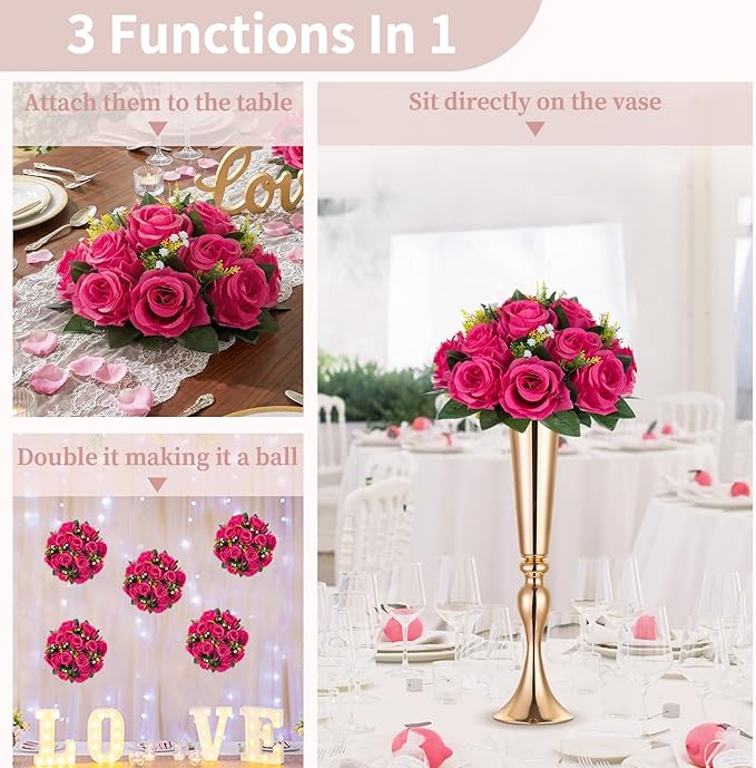 NUPTIO Flower Ball for Table Centerpieces: 10 Pcs Hot Pink Artificial Rose Kissing Balls for Wedding Party Valentine Tables - Faux Silk Floral Arrangements for Home Dining Event Decorations