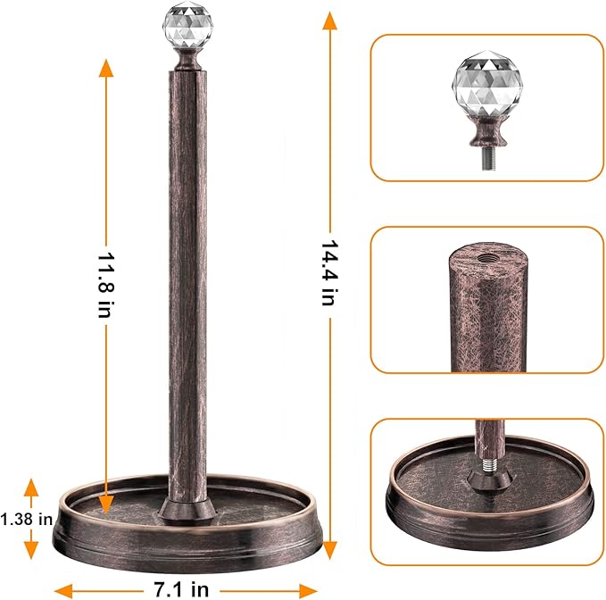 Kasunto Paper Towel Holder (with Crystal Ball) Steel Paper Towel Holder countertop，Paper Towel Holder Stand for Kitchen Countertops, Bars & Dining Tables,Fits Standard & Jumbo Rolls,Oil Rubbed Bronze