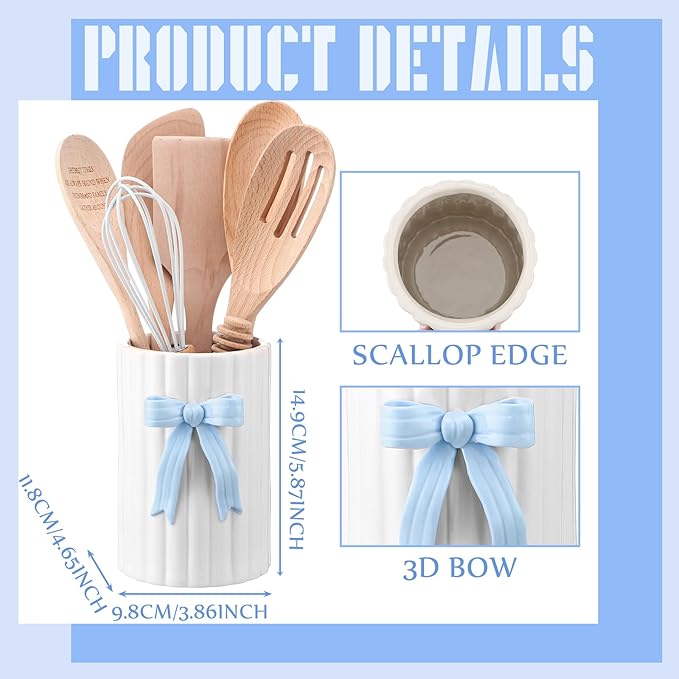 LemonRoad Blue Bow Ceramic Utensil Holder 3D Coquette Cooking Utensil Crock with Scalloped Mothers Day Kitchen Gifts Girly Aesthetic Storage Caddy Organizer Vase Decor for Kitchen Housewarming Gift